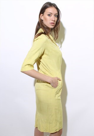 VINTAGE 1960'S 60'S YELLOW SILK SHIRT DRESS MIDI POCKETS M-L