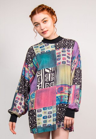 VINTAGE 90'S FUNKY PATCH PATTERN LONG SLEEVE DRESS TOP