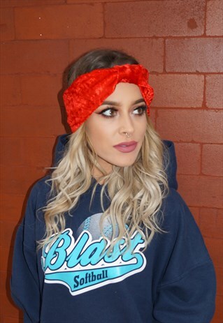 RED CRUSHED VELVET STRETCH TURBAN HEADBAND