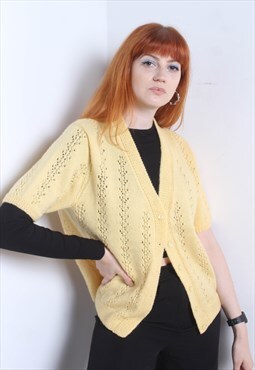 Vintage 80's Crochet Short Sleeve Cardigan Yellow