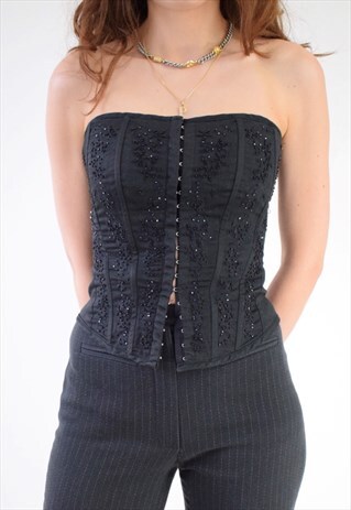 VINTAGE Y2K 90S GOTH BEADED HOOK EYE CORSET TOP BONING