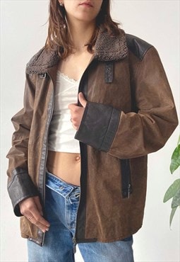 Vintage 90's Winter Brown Real Suede Shearling Zip Jacket