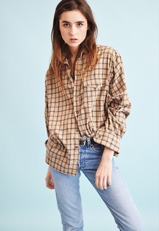 90's retro corduroy checked oversized neutral Dads shirt top ...