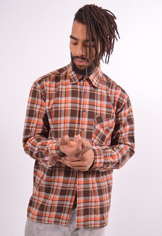 MENS VINTAGE FLANNEL SHIRT MEDIUM BROWN CHECK 90S