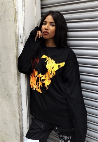 LOOSE FIT OVERSIZE CUT OUT FIRE FLAME GRUNGE SWEATSHIRT