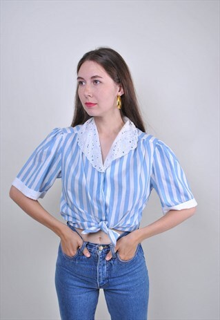 VINTAGE STRIPED LACE EVENING BLOUSE, SIZE S