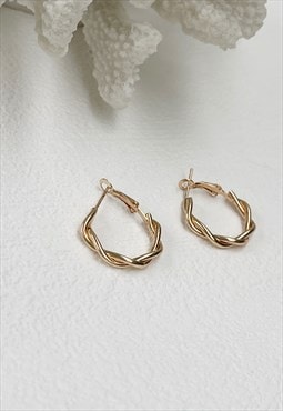 Gold Basic Twisted Hoop Round Everyday Earrings