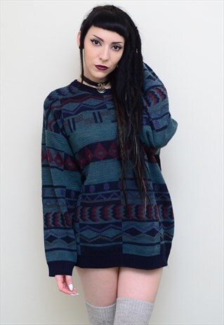 VINTAGE 90'S GRUNGE DARK ABSTRACT PATTERNED WINTER JUMPER