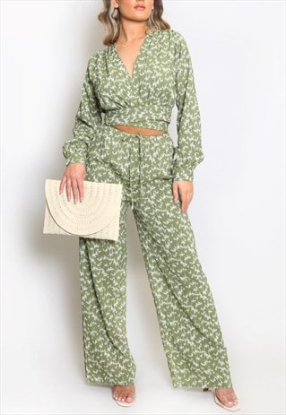 Printed Tie Front Top And Wide Leg Trouser Set In Green
