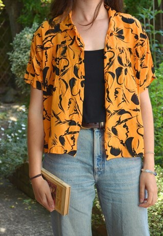 1980S VINTAGE YELLOW & BLACK ABSTRACT PRINT SHIRT