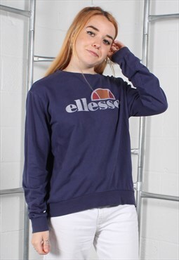 Vintage Ellesse Sweatshirt in Navy with Spell Out Logo UK 14