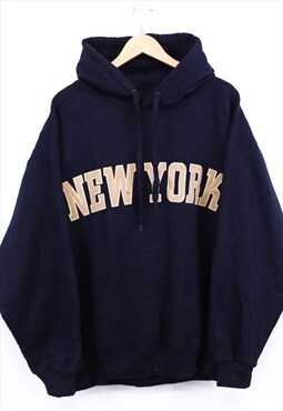Vintage New York Hoodie Navy With Spell Out Chest Print 