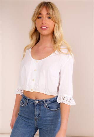VINTAGE 70S WHITE CROP TOP WITH FRILL SLEEVES
