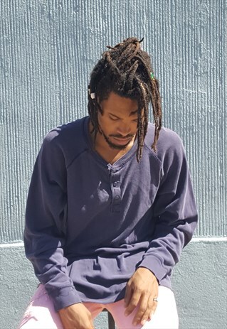 90S SPORTSWEAR SKATER FADED BLUE KNIT HENLEY LARGE
