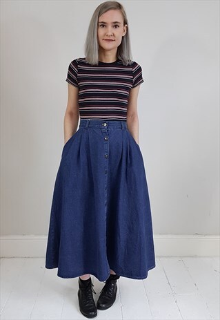 VINTAGE 80'S DARK DENIM POPPERED MIDI SKIRT W/ POCKETS