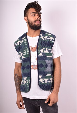 MENS VINTAGE AZTEC FLEECE GILET LARGE BLUE 90S