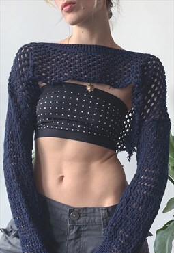 Vintage 00's Y2K Navy Blue Reworked Fishnet Crop Top Sweater