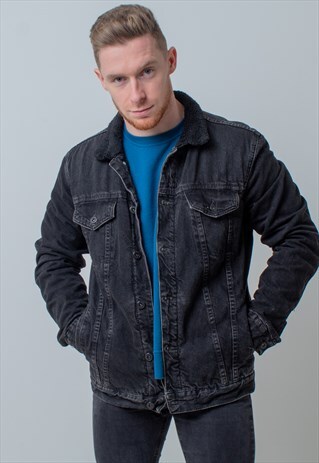 VINTAGE SHERPA LINED DENIM JACKET IN BLACK XL