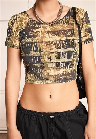 Y2K RETRO SHEER MESH MILITARY PRINT FESTIVAL CROP TOP
