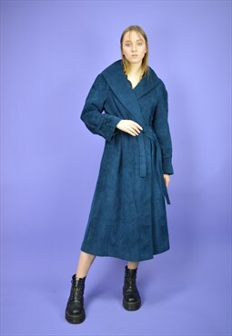 Vintage dark blue classic 80's suede long trench coat