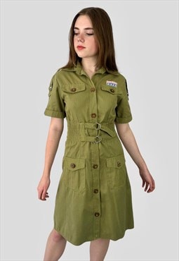 70's Vintage Green Cotton Army Style Ladies Dress