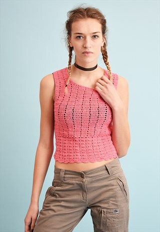 90'S BOHO STYLE KNITTED CROCHET SHEER TOP