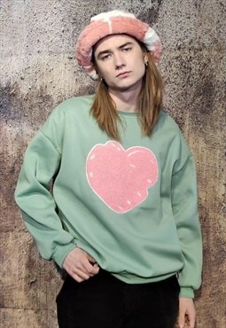 fleece heart sweatshirt love print stitched top pastel green