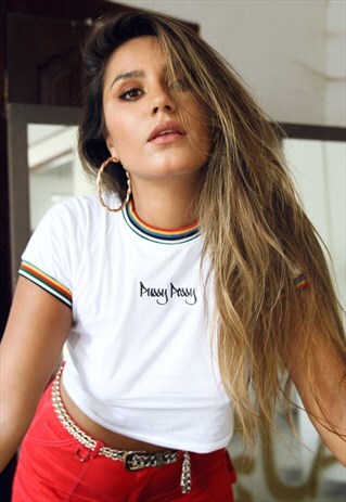 WHITE PXSSY POSSY CROPPED SLOGAN TEE WITH RAINBOW RIB