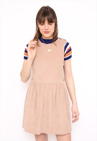 VINTAGE 90S LIGHT BROWN CORD PINAFORE MINI DRESS