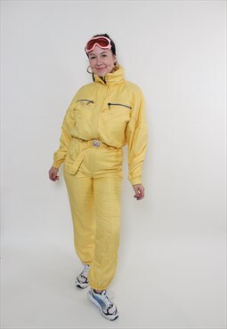 Vintage one piece ski suit, 90s yellow ski suit, women retro