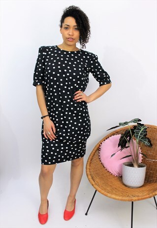 VINTAGE 1980S BLACK & WHITE POLKA DOT WIGGLE DRESS