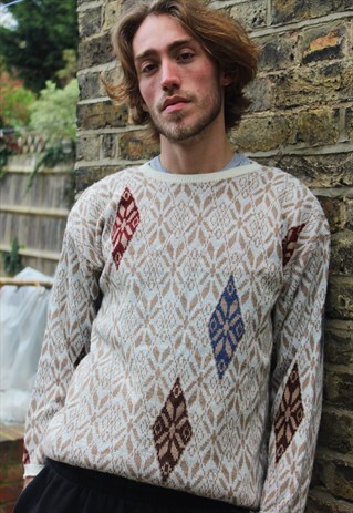 VINTAGE / 80'S / BEIGE PATTERNED JUMPER