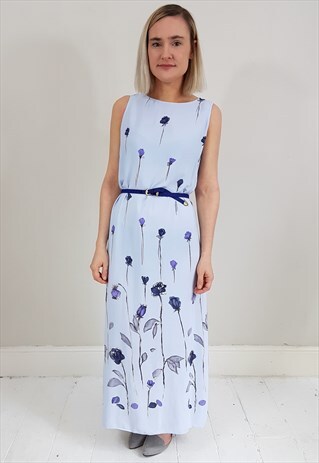 VINTAGE 90'S LIGHT BLUE FLORAL BUTTON BACK MAXI SHIFT DRESS
