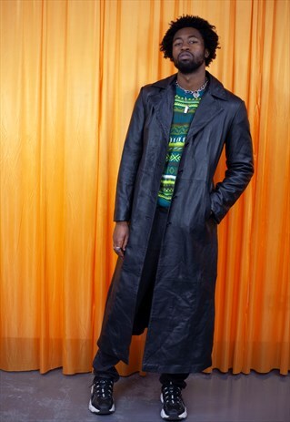 VINTAGE 70S TRENCH COAT BLACK LEATHER LONG COLLARED UNISEX