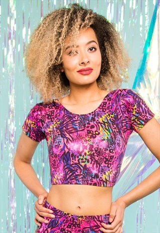 HANDMADE PINK FLORAL PRINTED GLITTER FESTIVAL CROP TOP