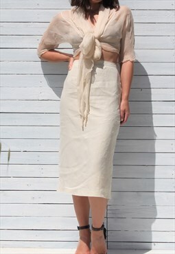 Deadstock cream beige linen midi skirt