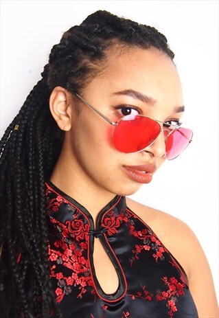 RED LENS AVIATOR SUNGLASSES WITH SILVER FRAME