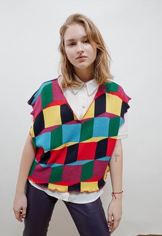 VINTAGE REWORKED MULTICOLOR GEOMETRIC V NECK VEST UNISEX M