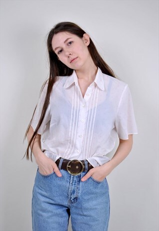 VINTAGE WHITE TRANSPARENT BLOUSE, 90S CASUAL STRIPED SHIRT