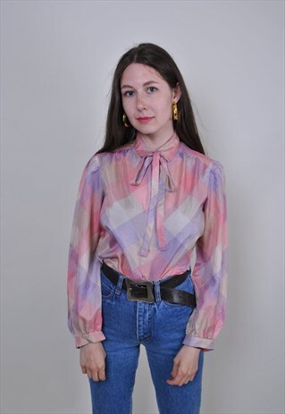 VINTAGE BOW TIE COLLAR MULTICOLOR BLOUSE, SIZE S