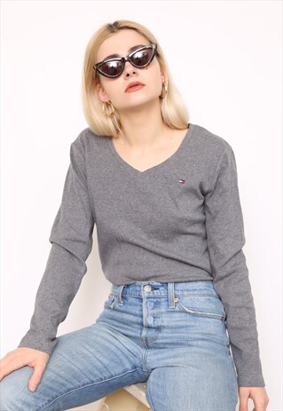 VINTAGE 90S TOMMY HILFIGER GREY LONG SLEEVE TOP T-SHIRT