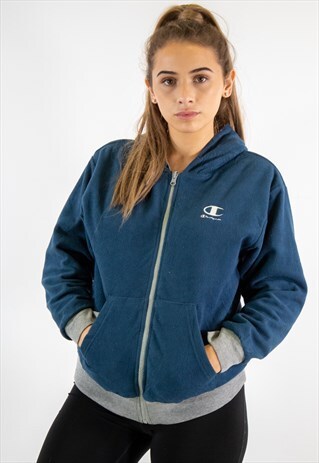 VINTAGE CHAMPION ZIP UP REVERSIBLE HOODIE IN BLUE GREY S