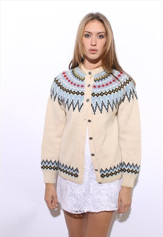 VINTAGE 1960'S 60'S SCANDINAVIAN FAIR ISLE KNIT CARDIGAN M-L