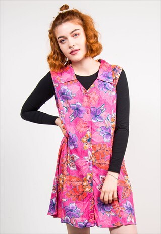 90'S VINTAGE BRIGHT PINK FLORAL MINI DRESS