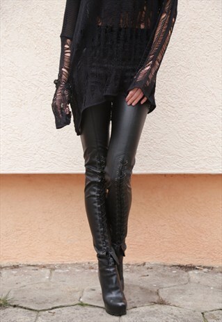 STRETCH LEGGINGS SKINNY FAUX LEATHER PANTS MOTO-STYLE F1549