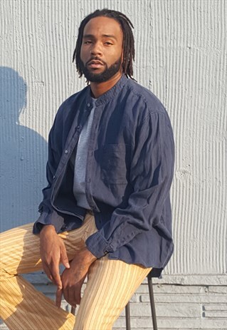 90S CLASSIC LUXURY FADED BLUE COLLARLESS LINEN SHIRT LARGE
