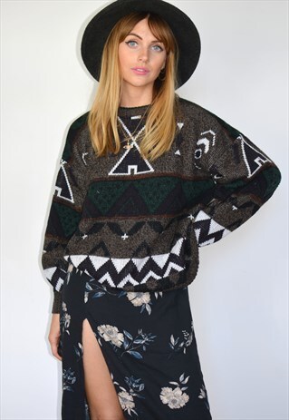 VINTAGE 90S OVERSIZE BROWN BLACK PATTERN KNITTED JUMPER