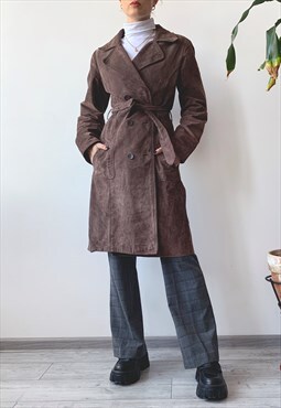 Vintage 00's Y2K Brown Real Suede Leather Trench Midi Coat