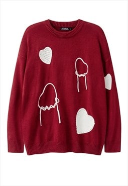Heart sweater knitted grunge jumper fleece patch top red