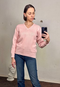 Pink cotton pullover sweater, V-neck pink jumper